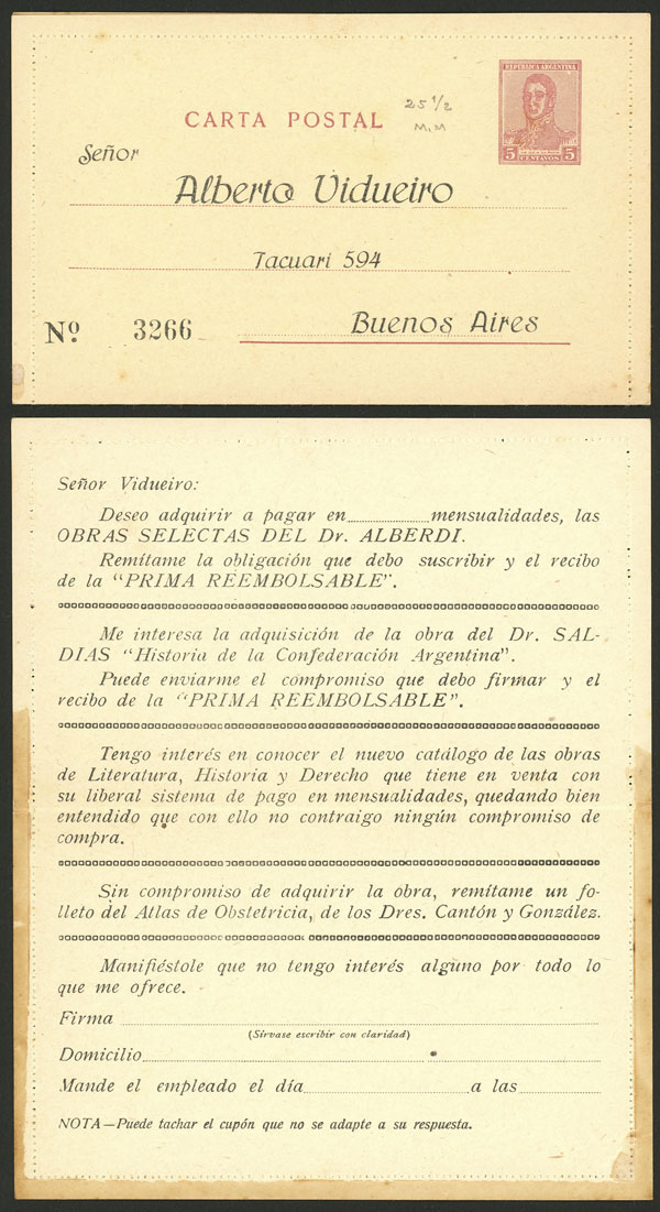 Lot 1380 - Argentina Postal stationery - Guillermo Jalil - Philatino Auction # 2339 ARGENTINA: General auction with material of all periods, including rarities Lot 1380 - Argentina Postal stationery - Guillermo Jalil - Philatino Auction # 2339 ARGENTINA: General auction with material of all periods, including rarities