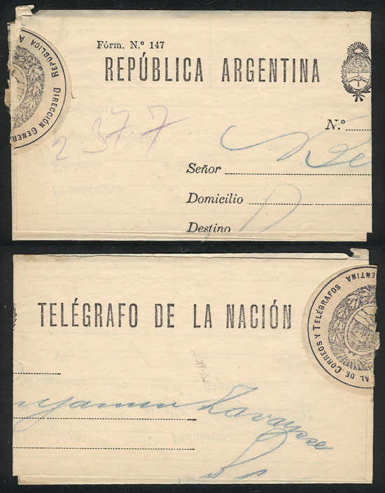 Lot 1240 - Argentina telegraph stamps - Guillermo Jalil - Philatino Auction # 2342 ARGENTINA: General auction with very low starts! Lot 1240 - Argentina telegraph stamps - Guillermo Jalil - Philatino Auction # 2342 ARGENTINA: General auction with very low starts!