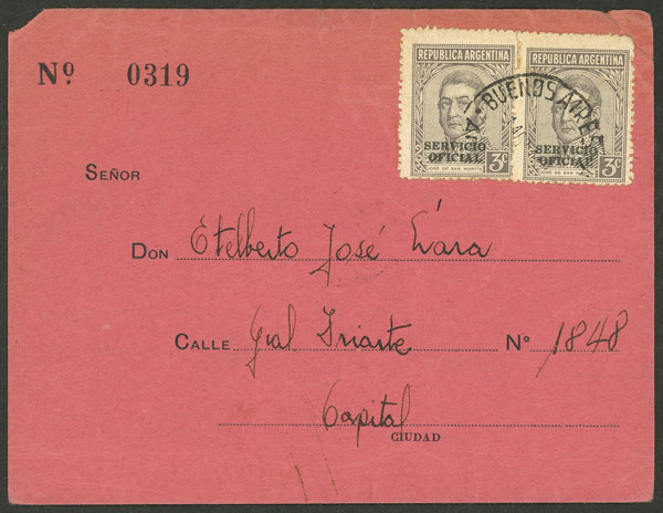 Lot 932 - Argentina official stamps - postal history -  Guillermo Jalil - Philatino Auction # 2527 ARGENTINA: General auction with material of all periods, including rarities